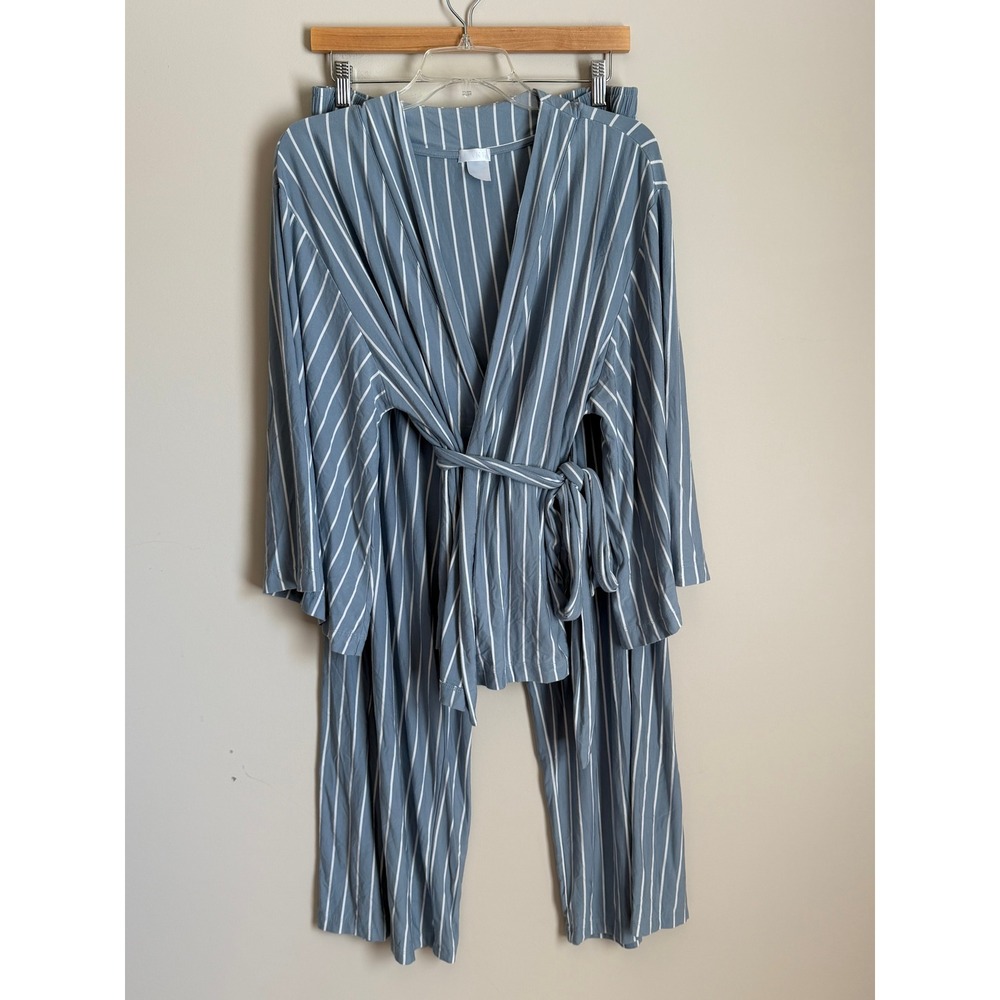 LAKE Pajamas Set Women Med Blue Striped Kimono Wrap Top Wide Leg Pants